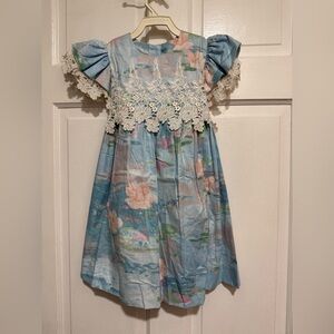 Girls 4T Vintage 1990s 1980s Pastel Blue Pink Floral Lace Dress